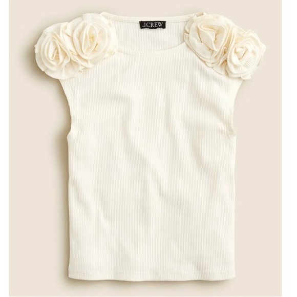 J.Crew Vintage Rib Rosette Tee Shirt Ivory Romantic Stretch Slim Large NWT - Picture 1 of 9